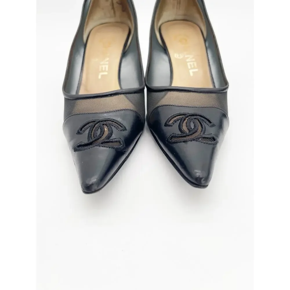 Chanel Vintage Black Mesh Leather CC Cap Toe Pointed Toe Pumps Heels EU 36